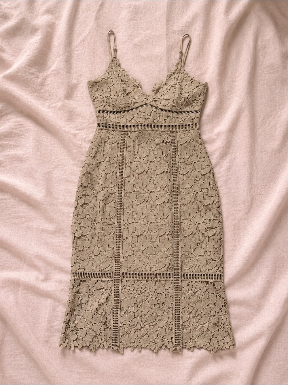 Bardot Taupe Floral Crochet Midi Dress - Size 6